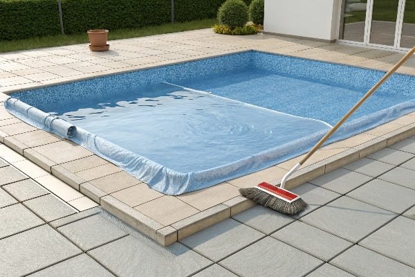 a person gently cleaning a pool liner with a soft brush