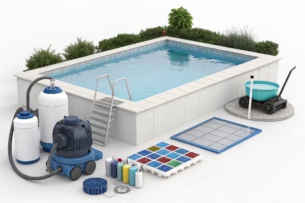 pool equipment pad with pump, filter, and heater