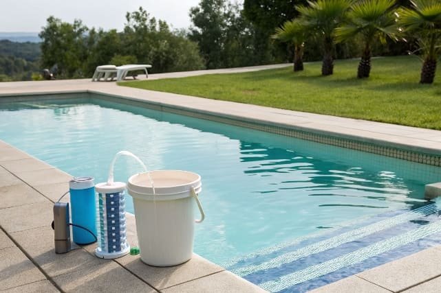 Low chlorine test result a test strip showing low or no chlorine in pool water